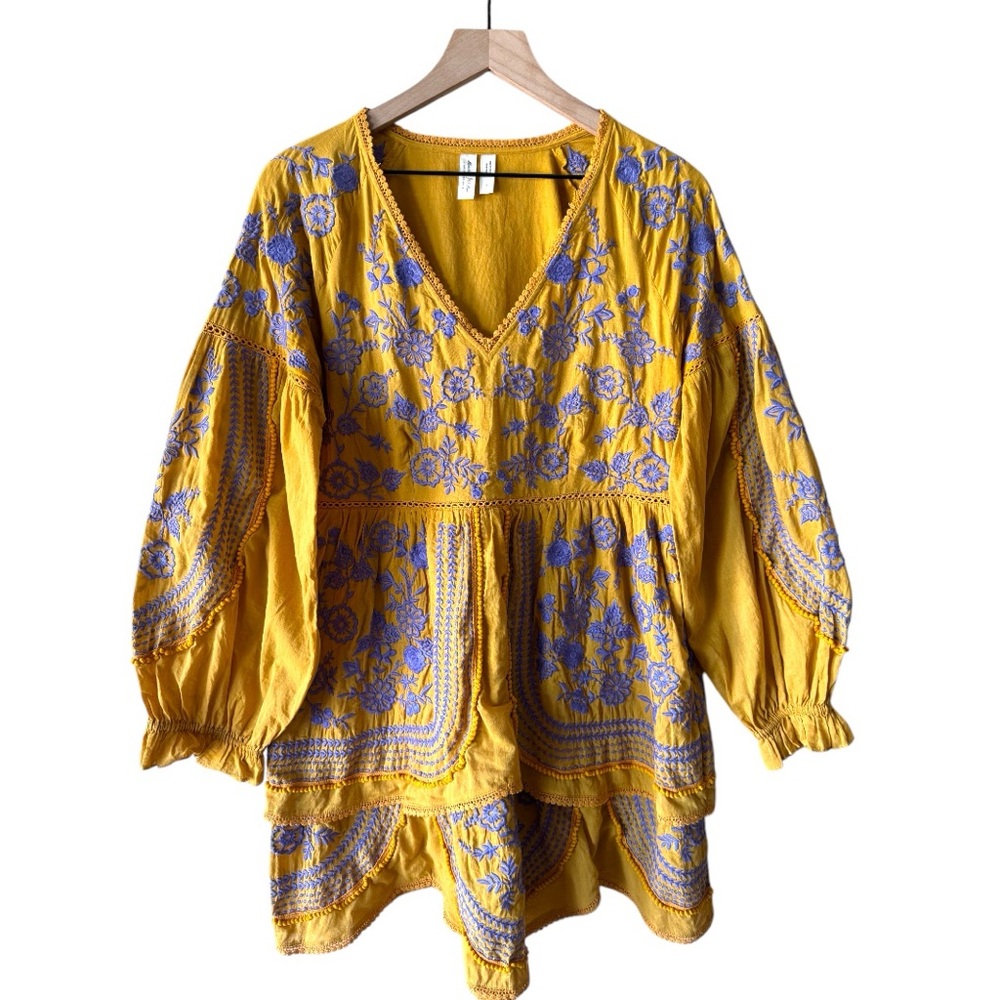 Anthropologie Meadow Rue Lisette Embroidered Tiered Tunic Dress - Yellow - Small - Picture 2 of 8